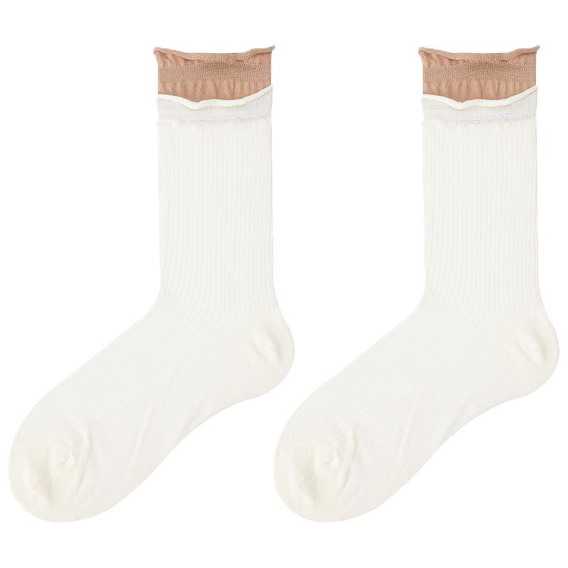 Anti-Bacterial Cotton Two-tone Contrast Spliced Women's Thin Summer Seamless Mid-Calf Socks Trendy Versatile Rolled-Edge Stacked