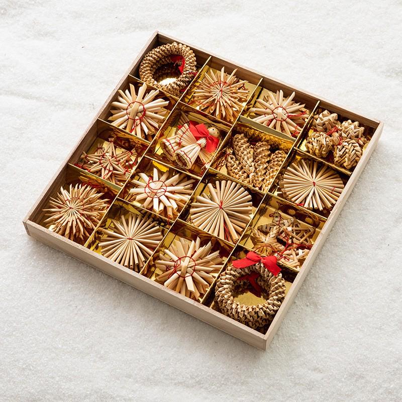 Natural Wheat Straw Star and Snowflake Christmas Tree Decorations - Small Pendant Set