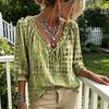 Women Loose Off Shoulder Shirt Summer Casual Shirt, V Neck Lace Up 3/4 Sleeve Blouse, Plaid Breathable Print Flowy Tops, Lightweight Chiffon Tops