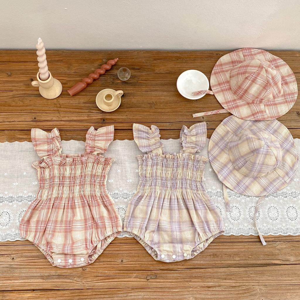 Baby Girl Summer Plaid Romper with Cap Short Flutter Sleeves Square Neck