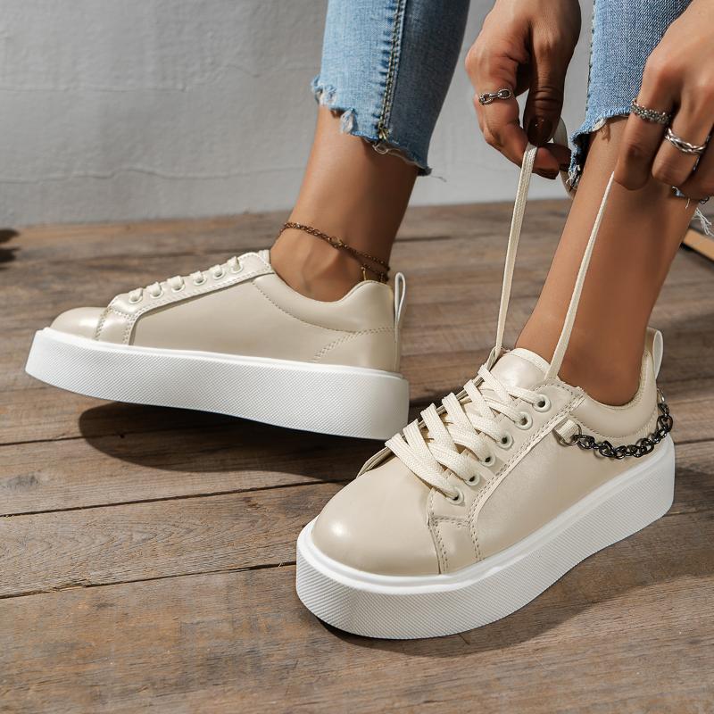 Women's Sneakers Fashion Metal Chain Solid Color Leather Non-slip Platform Vulcanized Shoes Casual Lace Up 2024 Fall New Loafers