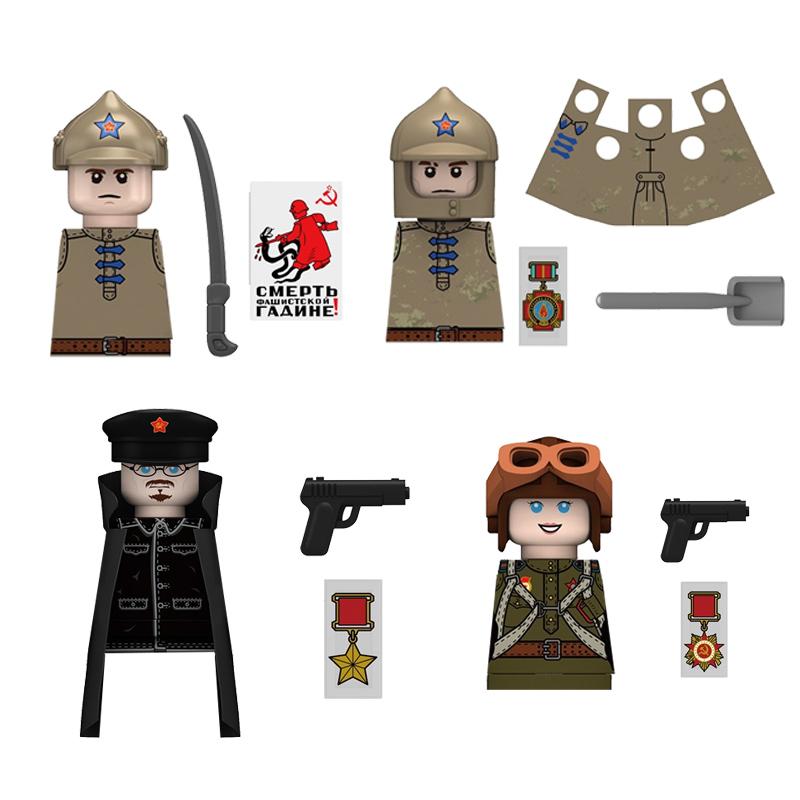 MOC Military Soviet US Soldier Figure Building Block Cavalry Pilot Western Cowboy Detective Weapon Sword Cloak Kid Toy Gift K148