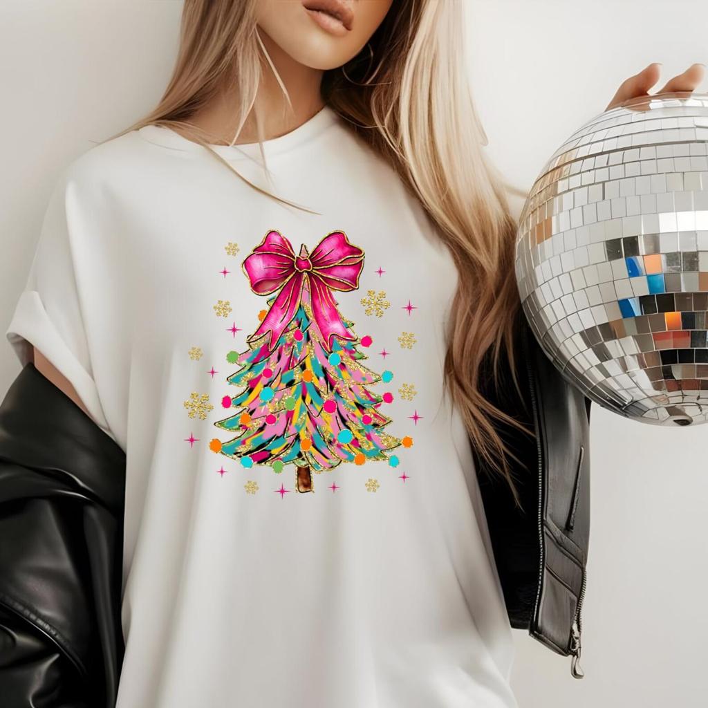 Painted Christmas Tree Tshirt, Women's Holiday Tee, Coquette Colorful Christmas Tree Tee, Trendy Xmas Tee, Gift for Her