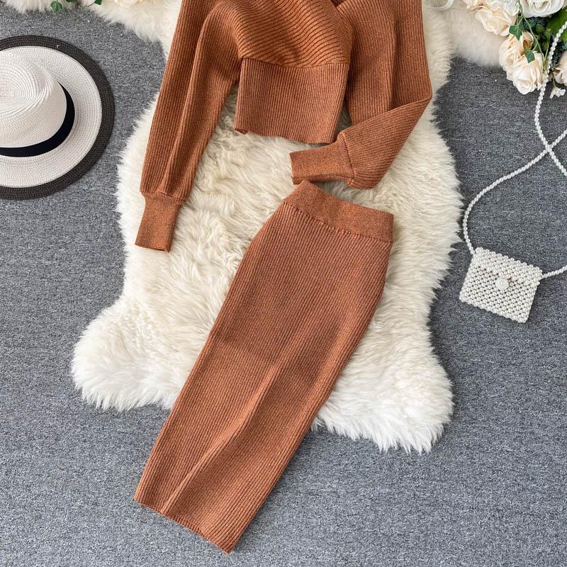 Весенний новый модный костюм в иностранном стиле с v-образным вырезом и рукавами «летучая мышь», вязаный свитер, женская юбка с высокой талией и запахом, комплект из двух предметов