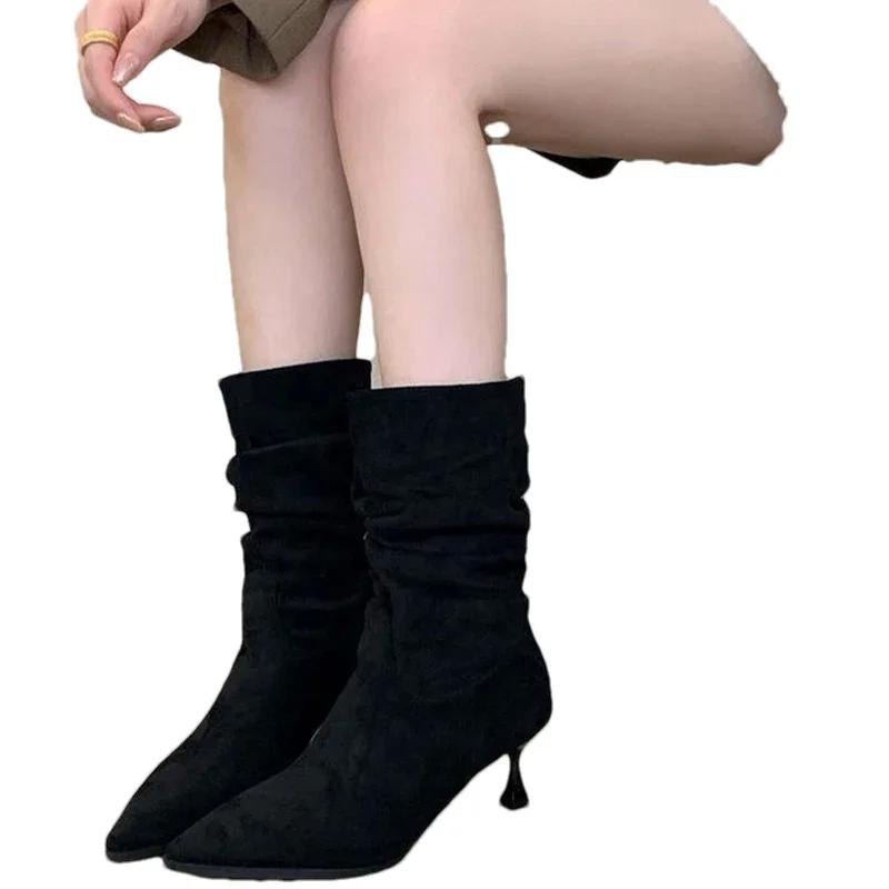 Женские замшевые остроносые ботинки челси, женские сексуальные ботинки до середины голени, новые зимние туфли на каблуках, роскошные туфли-лодочки для вечеринок, модная готическая обувь