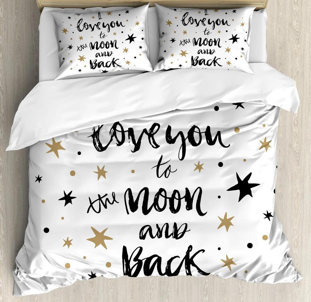 I Love You Duvet Cover Hand Drawn I Love You To The Moon and Back Words with Stars Celebration King Size Polyester Bedding Set