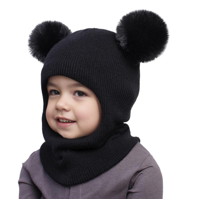 Pompom Baby Winter Hat Scarf One-piece Kids Knitted Beanie Warm Ears Neck Children Bonnet Infant Cap for Girls Boys 1-5Y