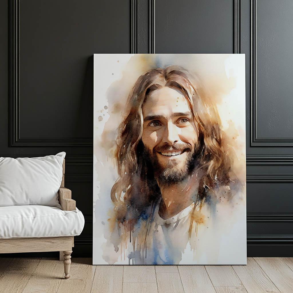 Uśmiechnięty Jezus Uśmiechnięty Jezus, 30X40 Cm, Rama Aluminiowa Złota, Papier Matowy 230 Gsm