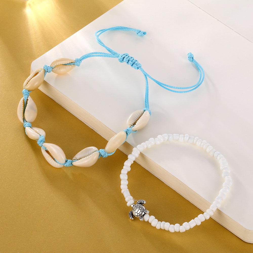 2 Pcs Charm Boho Fashion Turtle Shell Beads Anklets Set for Women Beach Party Jewelry