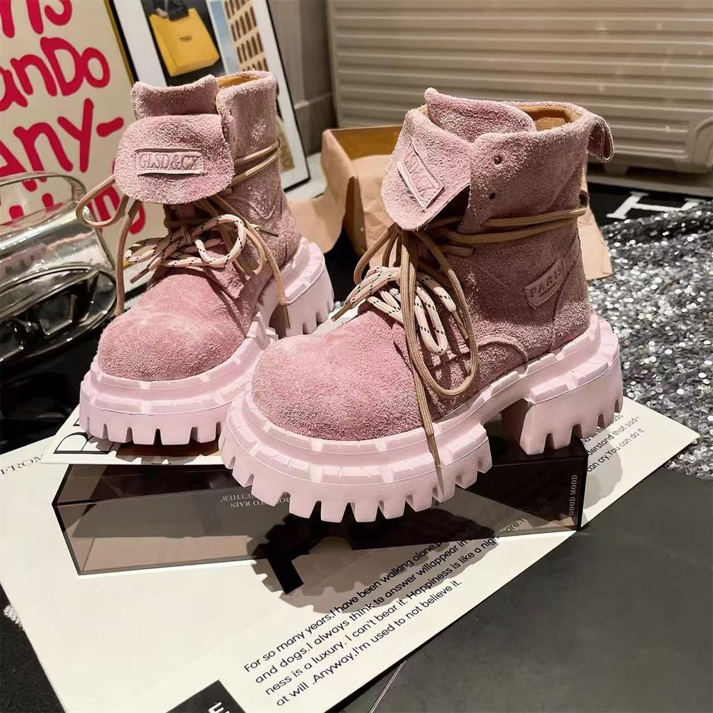 [Fanfna] Rhubarb Boots Cashmere Leather Short Boots Platform Martin Boots Trendy Cool British Tooling Boots Western Cowboy Boots