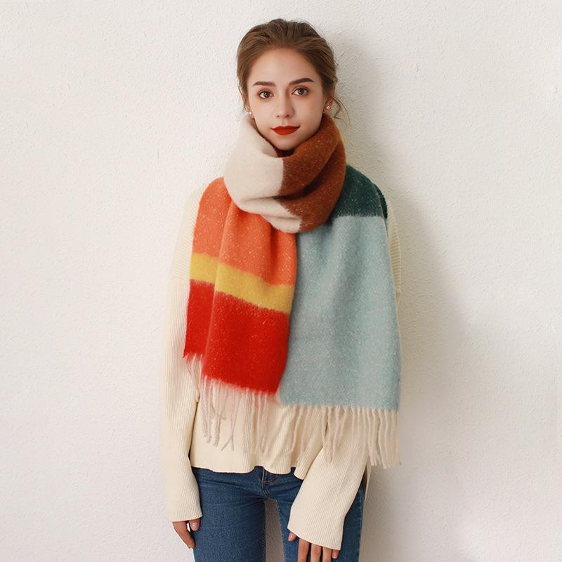 Dopamine Striped Plaid Imitation Cashmere Scarf Women's Winter with Warm Wool Scarf