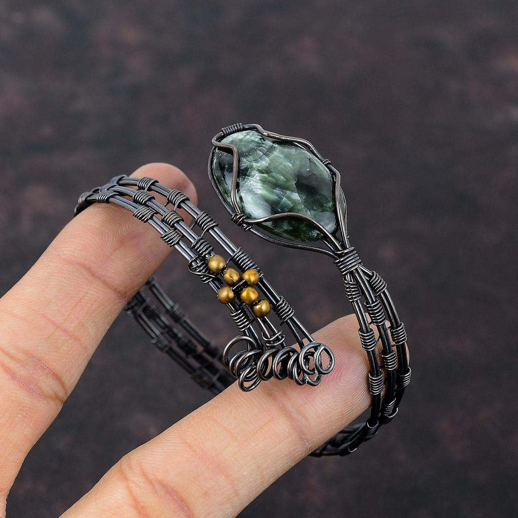 Браслет из серафинита с драгоценными камнями, браслет-манжета из медной проволоки, браслет ручной работы из меди, регулируемый браслет, ювелирные изделия из проволоки для подарка