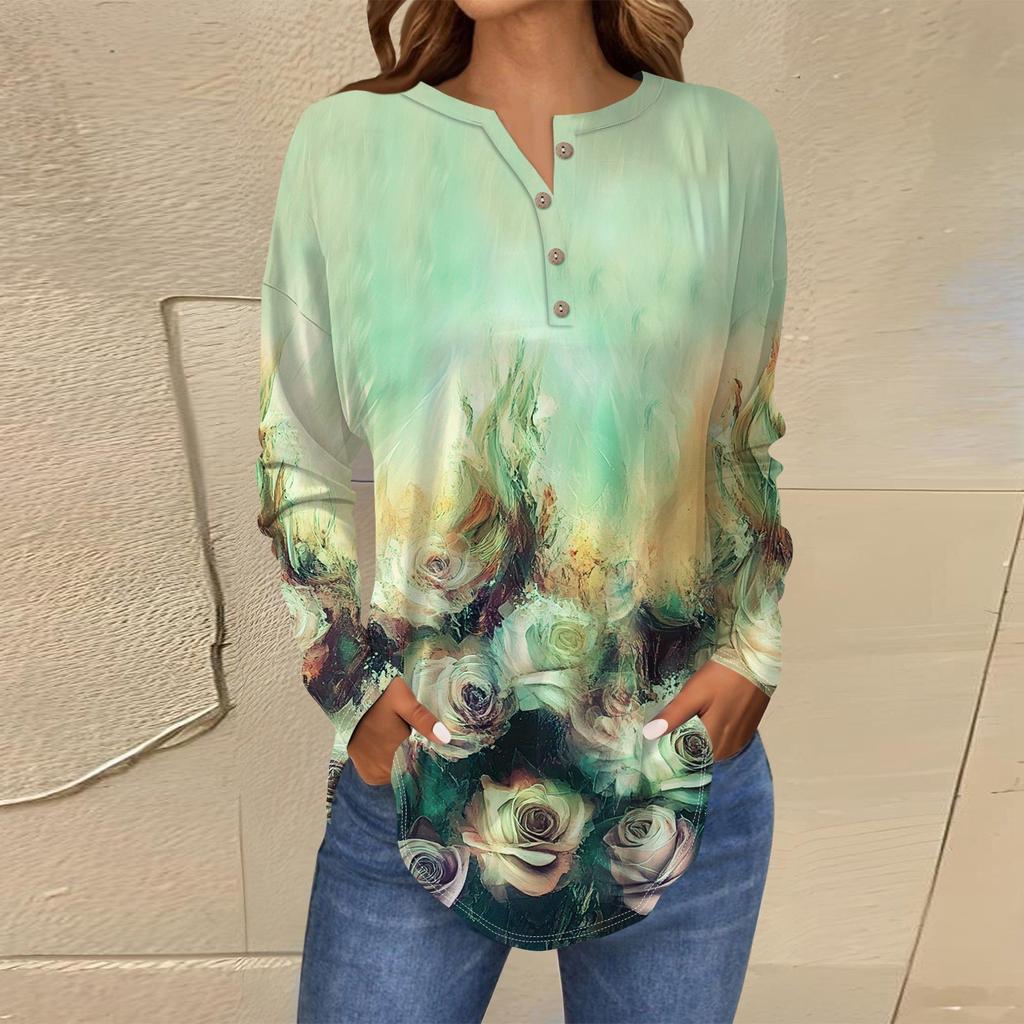 Футболки для женщин, осенние повседневные рубашки с длинным рукавом на пуговицах, толстовка с винтажным принтом, топ, пуловер