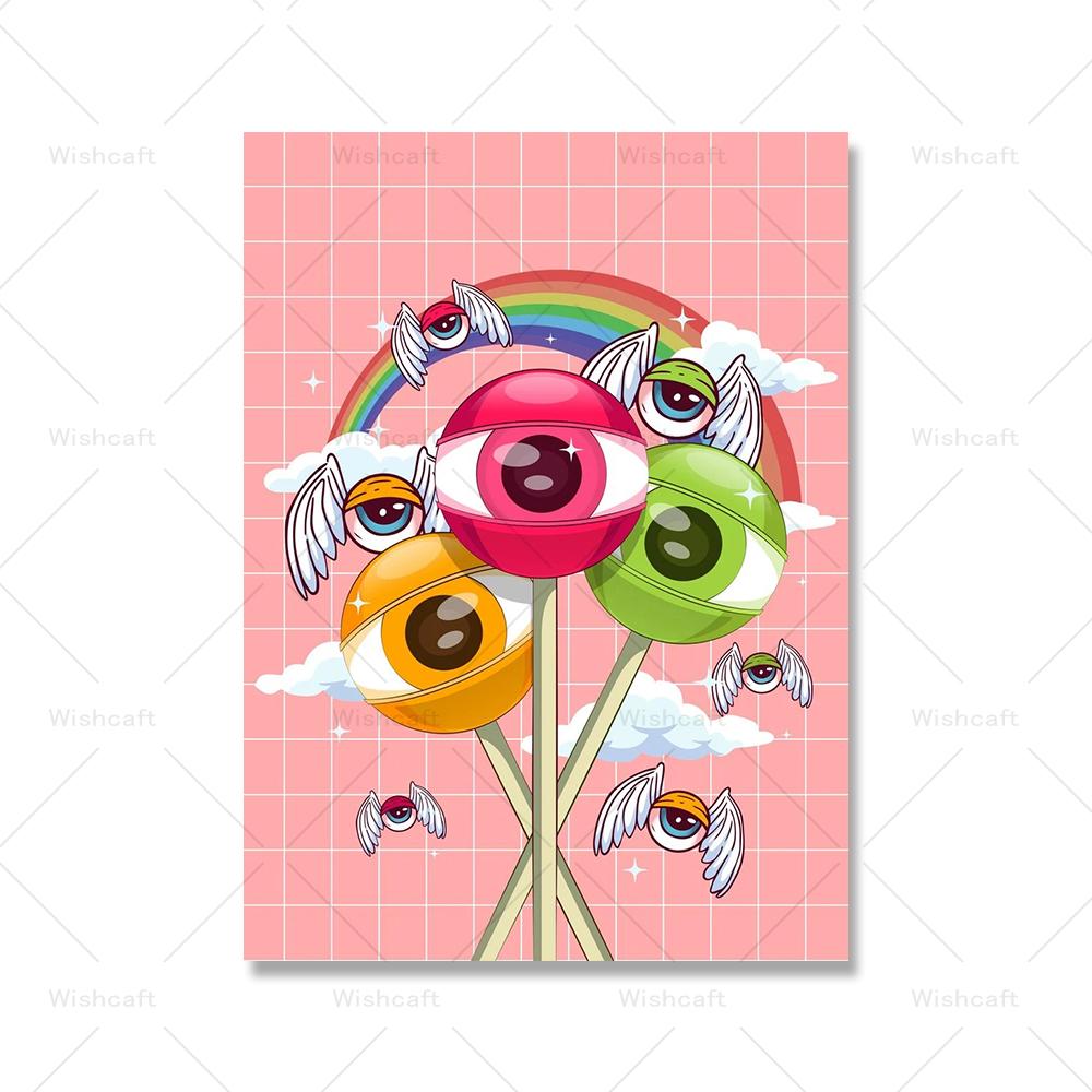 Weirdcore Eyes Cottagecore Art Prints Kawaii Cherry Lollipop Arbuz Food Canvas Painting Pink Aesthetic Wall Art Pictures