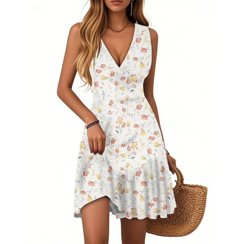 Women's Dress V-neck Sleeveless Casual Floral Print Hem Pleated Dress