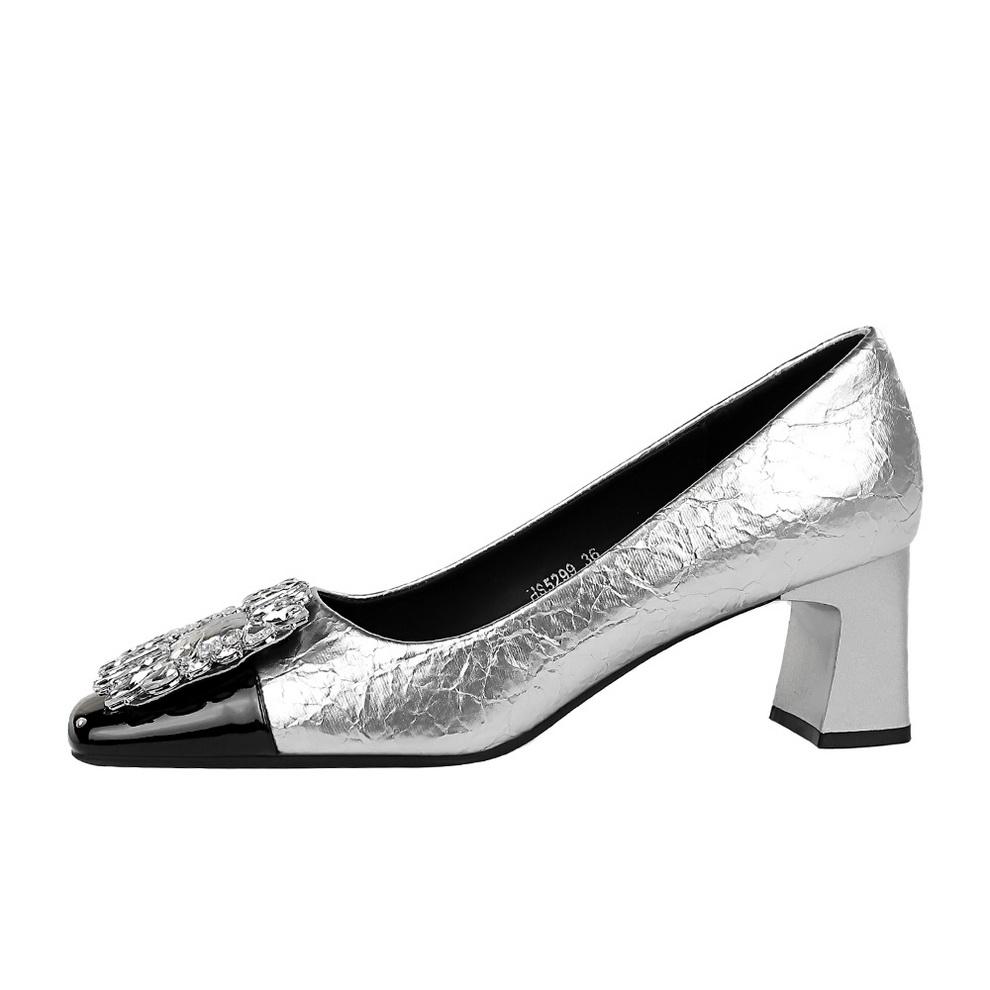 Женские туфли на толстом каблуке, средний каблук, квадратный носок, вставки из стразов для эффекта похудения, одинарная пряжка из стразов