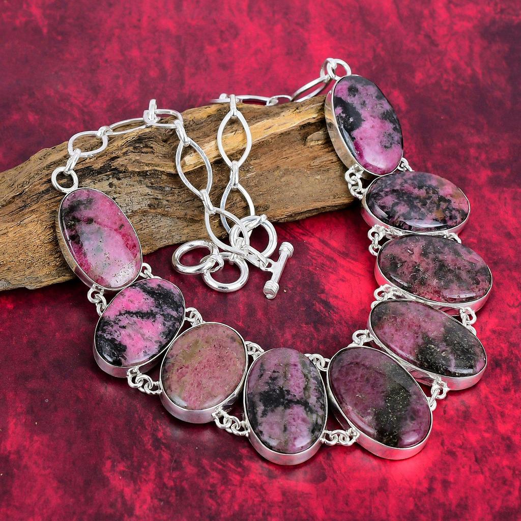 Ожерелье из натурального родонита, ожерелье из чистого серебра 925 пробы ручной работы из настоящего драгоценного камня, подарок жене, антикварные ювелирные изделия