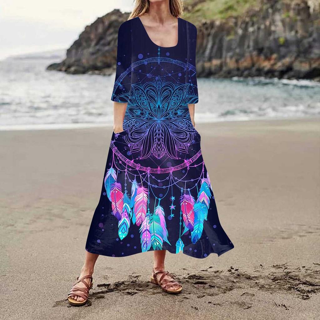 Женское платье весна/лето богемное повседневное модное платье с рукавом 3/4 праздничное большое