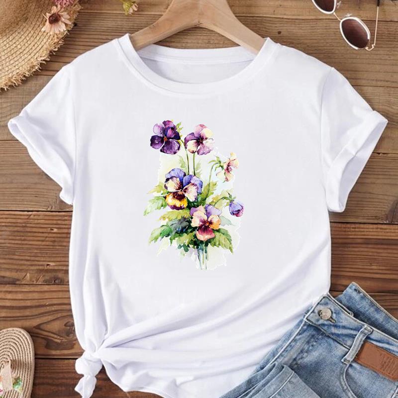 (Asian Size) Women Print Tee Top Fashion T Shirt Woman Female T Flower Watercolor Trend 90s Clothing Short Sleeve Graphic T-shirts
