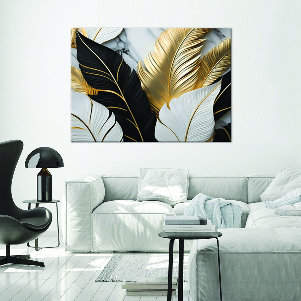 Canvas Print, Gold, Black And White Leaves On A Marble Background