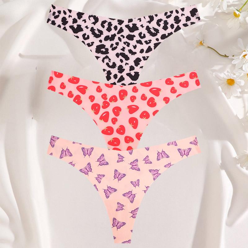 FINETOO 3 шт./компл. сексуальные стринги для женщин из ледяного шелка, цельные бесшовные трусики для девочек, свежее нижнее белье с низкой талией и принтом
