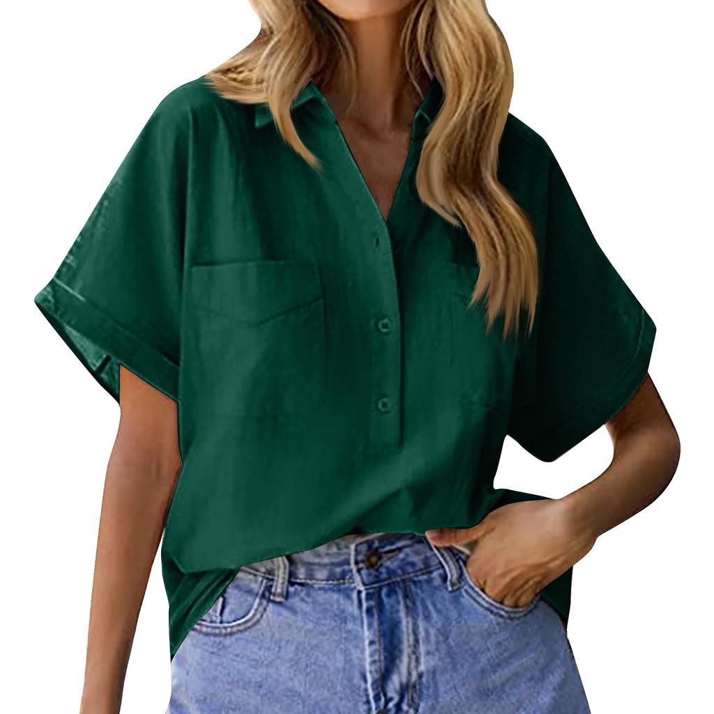 Женская новая однотонная рубашка-пуловер с короткими рукавами и двойными карманами, свободная хлопково-льняная рубашка