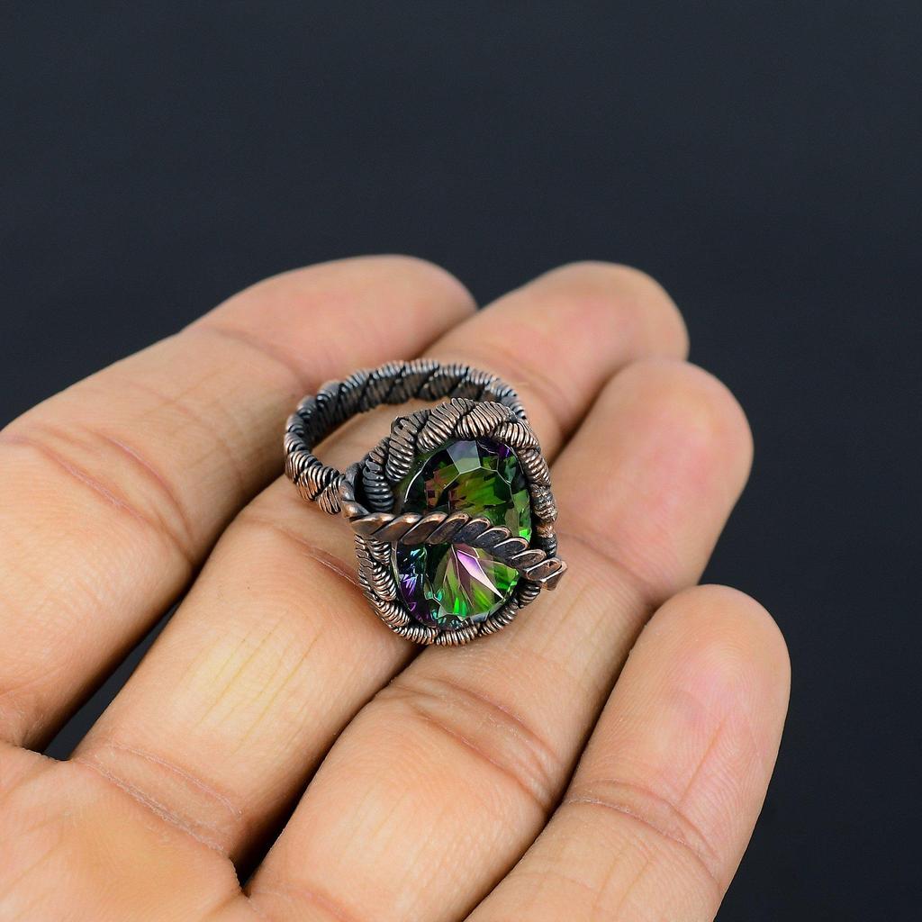 Mystic Topaz Gemstone Copper Wire Wrapped Handmade Jewelry Ring For Gift