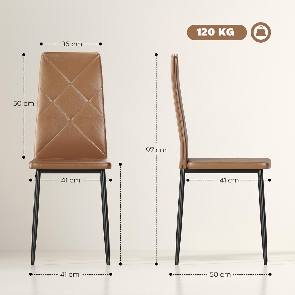 Set of 6 Modern Dining Chairs with High Backrest in Faux Leather and Steel, 41x50x97 cm, Brown