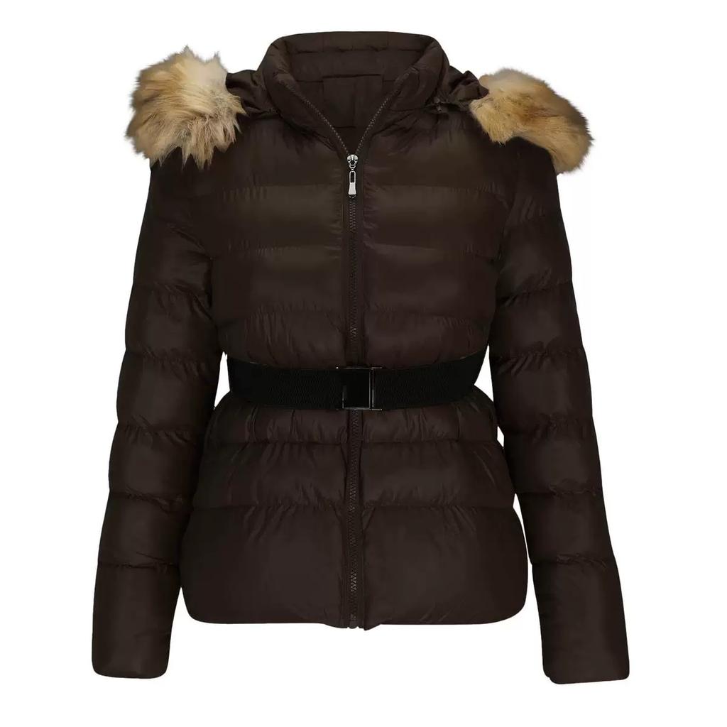 Women's Winter New Fashion Casual Slim Cotton Jacket Faux Fur Collar and Hooded Hooded Warm Jacket Coat Pu Leather Zipper