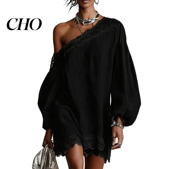 Versatile Women Dress Off One Shoulder Loose Mini Dress, Batwing Long Sleeve Lace Comfortable Trim Club Party Cocktail Summer Vacation Wedding