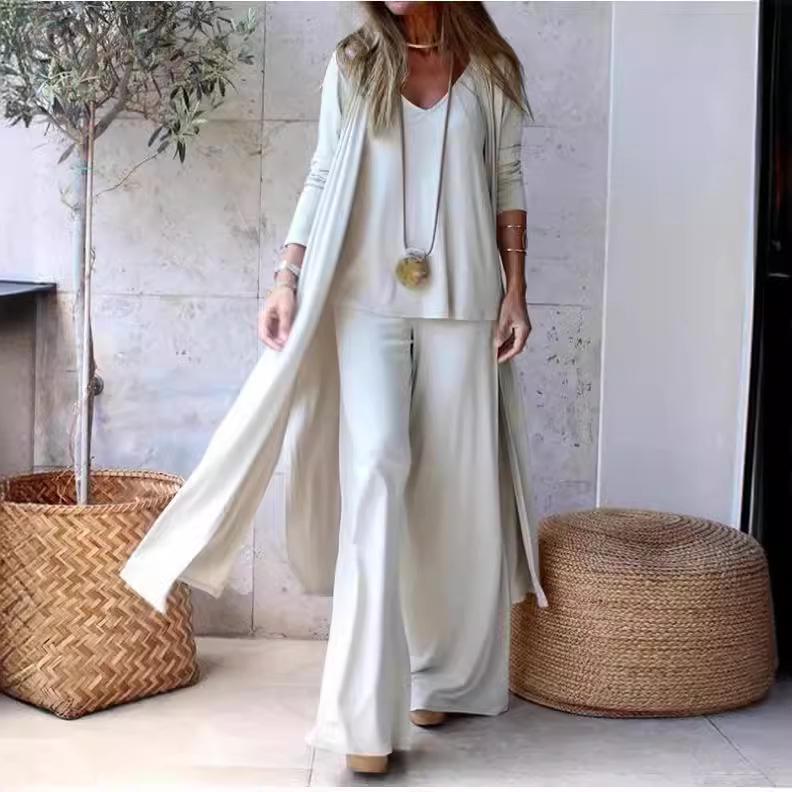 Женский повседневный длинный кардиган и топ-майка, свободные брюки, комплект из трех предметов