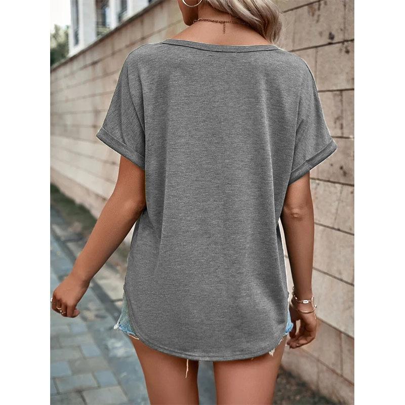Summer Women's T-shirt V-neck Button Short Sleeve Top