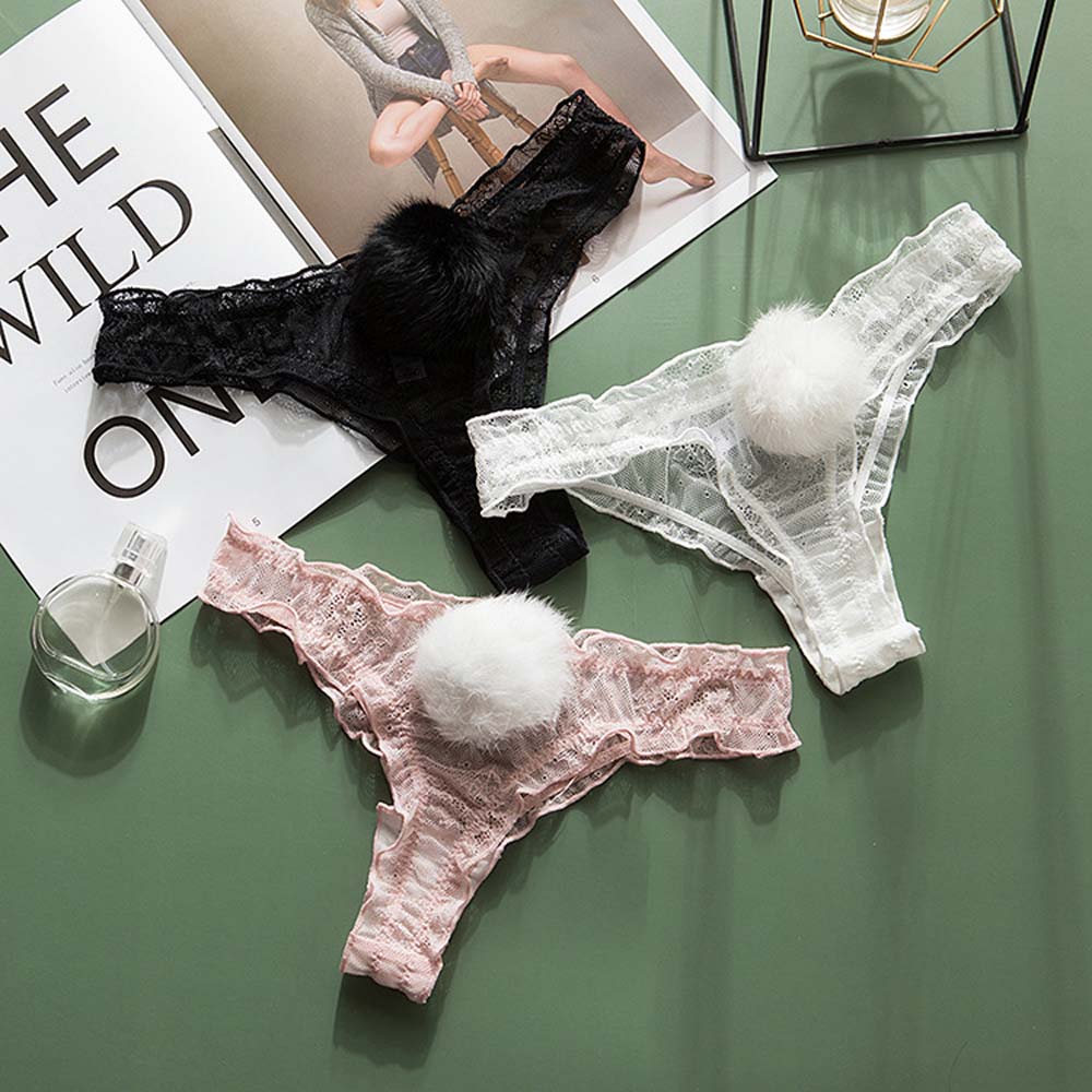 Transparent Low Waist Breathable Plush Ball Thong G-string Lace Panties