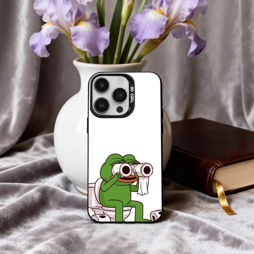 Смешной Чехол для Телефона с Лягушонком Пепе для iPhone 17, 16, 15, 14, 13, 12, 11 Plus, Pro Max, Черный, Посеребренный Candy