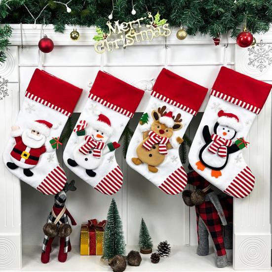 3D Christmas Stocking Santa Snowman Reindeer Cat Dog Pattern Traditional Holiday Hanging Stocking Fireplace Decor