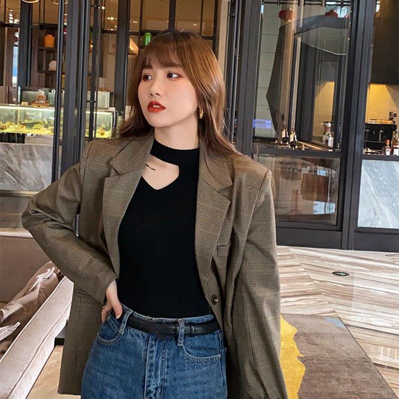 Весенне-осенний женский свитер с бретелькой на шее, однотонный однотонный вязаный топ с длинным рукавом, тонкий низ