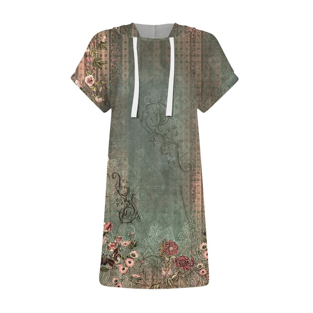 Женские свободные рубашки с принтом, толстовки с короткими рукавами и шнурком, вязаная туника с боковыми разрезами, топы с капюшоном и карманом