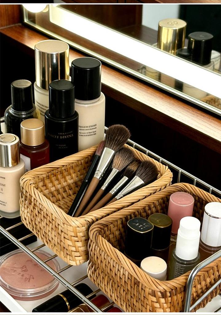 Hand-Woven Natural Rattan Storage Basket for Cosmetics and Desktop Organizing with a Retro High-End Feel