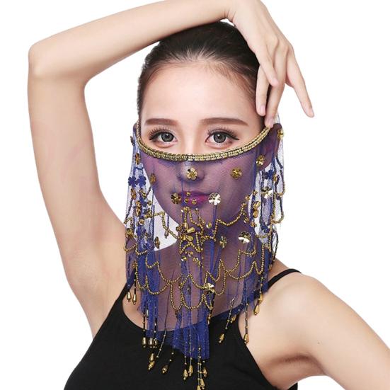 Performance Veil Flower Sequins Beads Decor See-through Lace Belly Dance Tribal Face Veil Breathable Fabric Adjustable Strap Indian Dance Veil