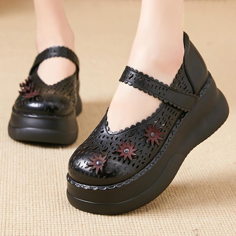 GKTINOO Ручная работа Ретро Женская обувь Толстая подошва Натуральная кожа Сандалии 2025 Новые Весна Лето Полые Платформа Танкетка Кроссовки