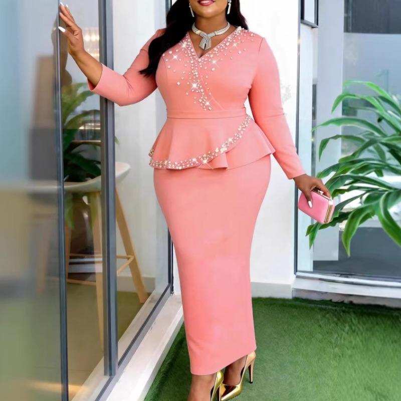 Plus Size Women Pink Rhinestone Ruffle Sleeve Waist Cinched Elegant Party Commute Dress