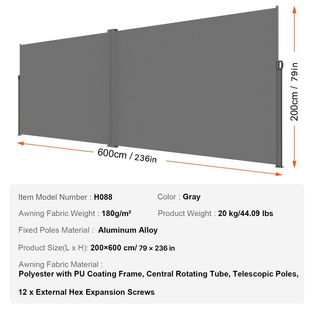 Retractable Side Awning, 79''x 236'' Outdoor Privacy Screen, 180g Polyester Water-proof Retractable Patio Screen, UV 30+ Room Divider Wind Screen for