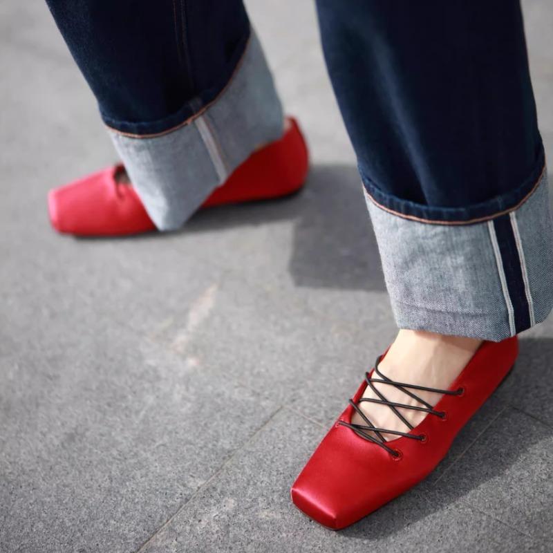 Fashion Spring and Summer New Retro Satin Square Toe Lace-up Ballet Shoes Women's Light Mouth Casual Outside Wear Flat Heels