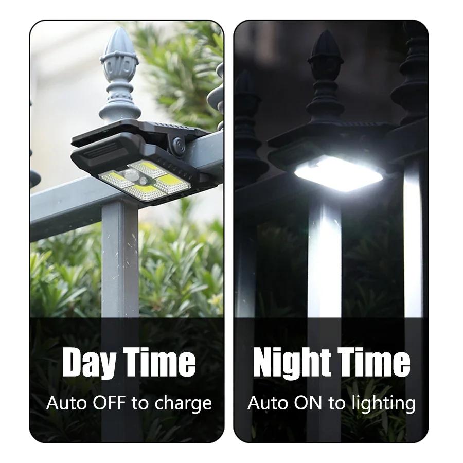 Outdoor Solar Clamp On Motion Sensor Lights Waterproof Work Light 3 Lighting Modes Camping Lamp Fence Walls Garage Led Lamps
