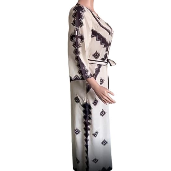 Платье на шнуровке с узкой талией и геометрическим принтом, с V-образным вырезом, рукавом три четверти, в тон, с разрезом подол, в богемном стиле, платье миди для отпуска