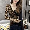 Корейская сетчатая футболка с длинными рукавами и принтом Весна и Осень Леопардовая сетчатая рубашка Маленькая рубашка Янки Боттоминг Женские топы Tide