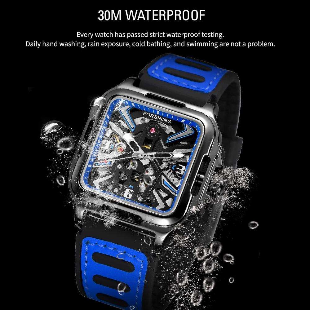 Luxury Square Transparent Skeleton Mens Watches Field Sports Rubber Band Mechanical Watch Luminous Waterproof Reloj Hombre 2024