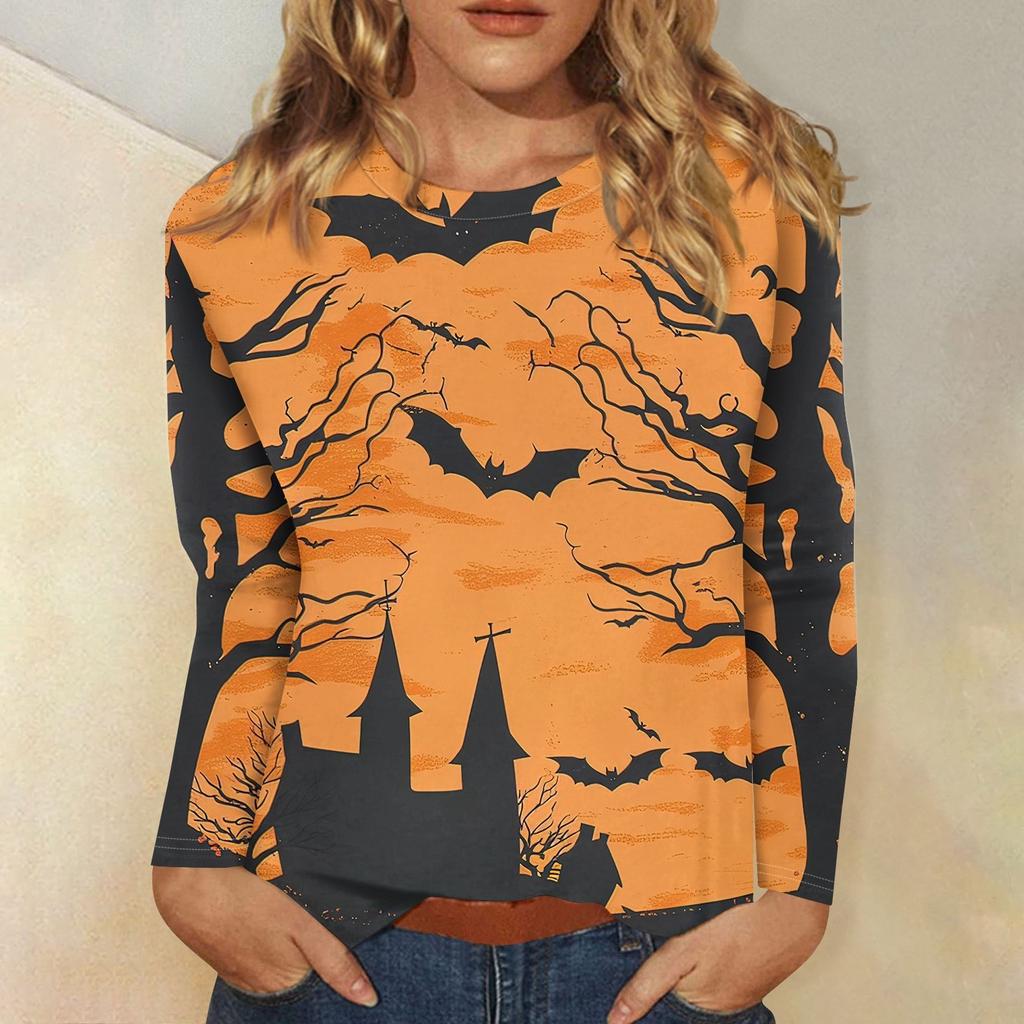 Модная женская футболка с круглым вырезом и длинными рукавами с 3D цифровым принтом в виде летучих мышей на Хэллоуин