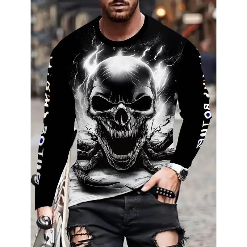 Топ с круглым вырезом и 3D-принтом черепа, повседневная мужская футболка с длинным рукавом - мягкая полиэстеровая ткань средней эластичности, одежда свободного кроя для весны и осени