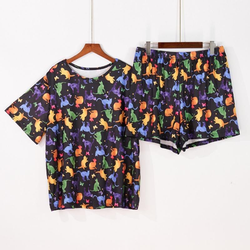 Women's Large Size Pajamas Summer Casual Loose Butterfly Short Sleeve Set